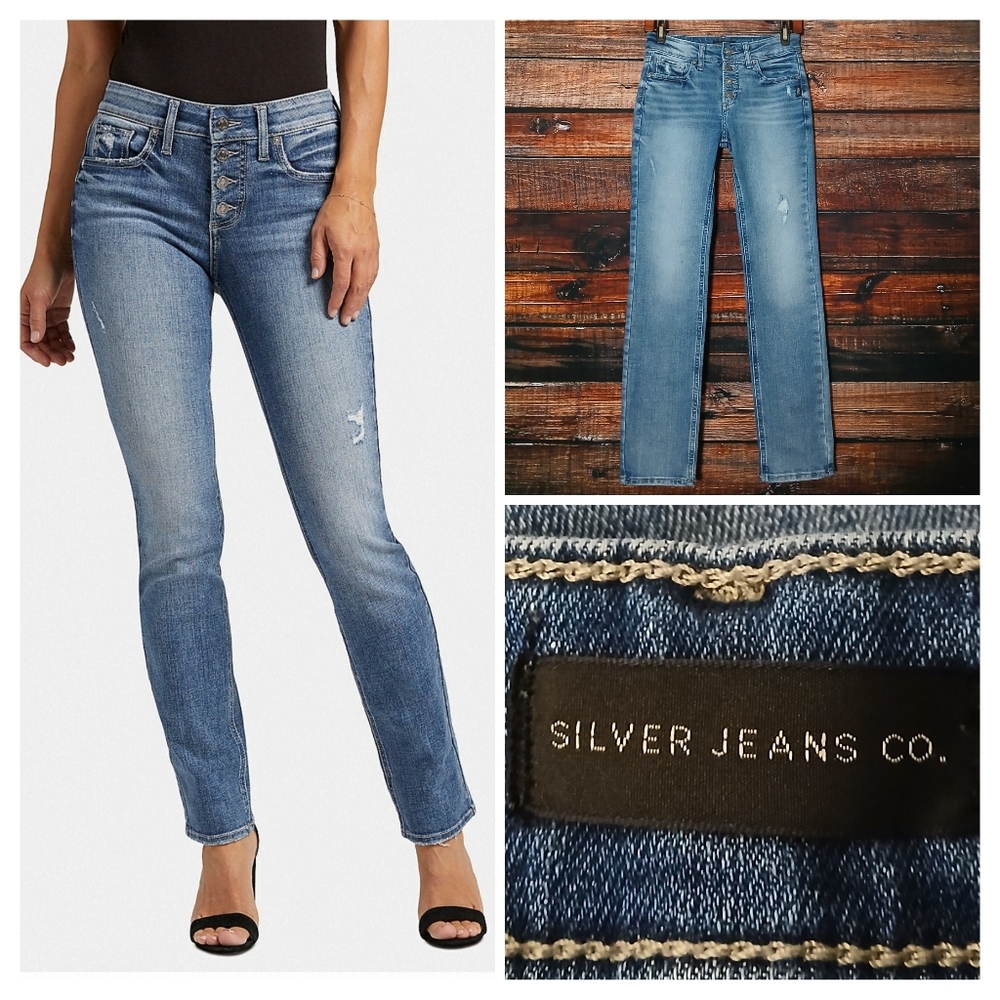 Silver Jeans 26 Suki Straight Mid Rise Button Fly Distressed Blue Denim Stretch